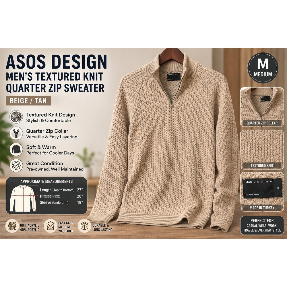 ASOS DESIGN Mens Textured Knit Quarter Zip Sweater Beige Tan Medium Mock Neck